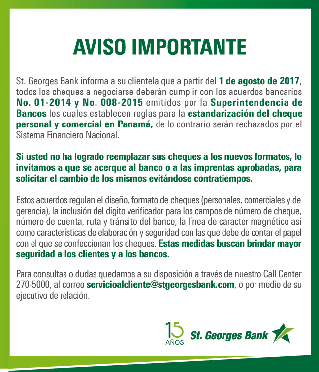 Aviso Importante - 1ro de Agosto: Fecha de implementación de medidas de estandarización de cheques.